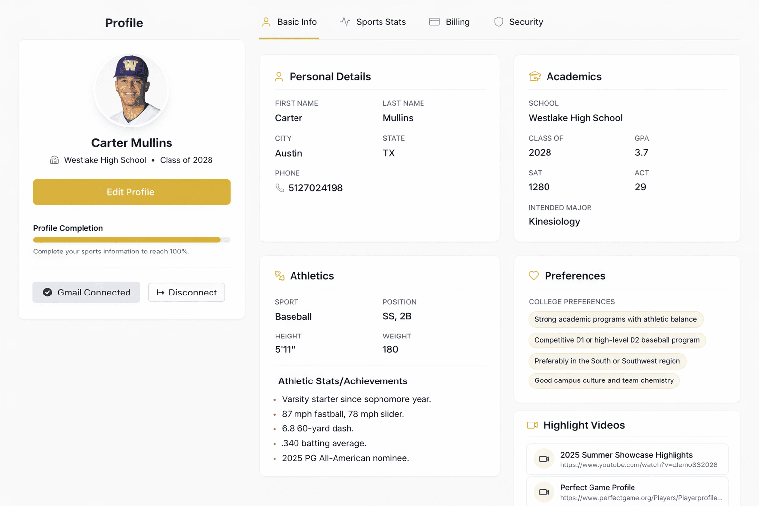 NextCommit athlete profile showing academics, athletic stats, preferences, and highlight videos