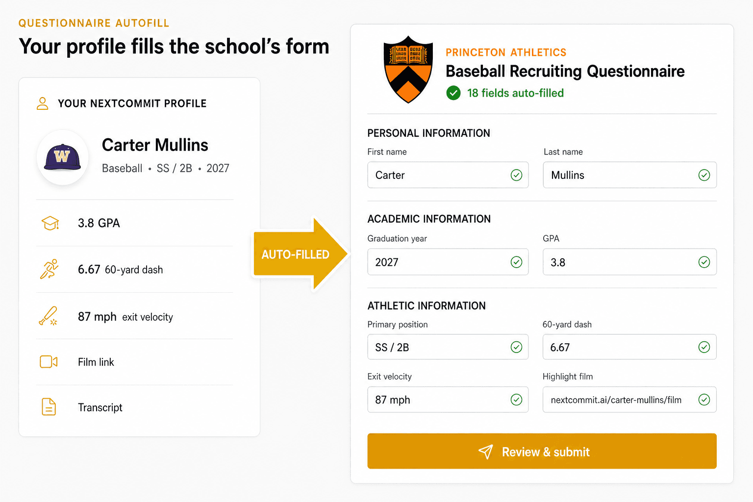 Carter Mullins' NextCommit profile beside the actual Princeton baseball recruiting questionnaire with every visible field automatically filled
