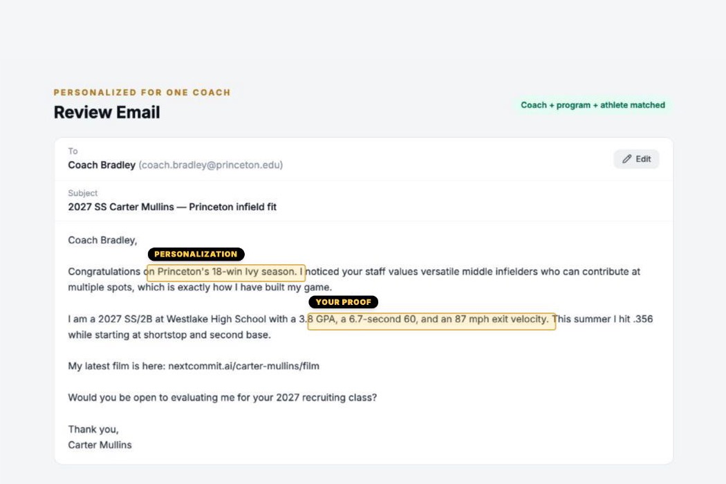 NextCommit personalized email to Coach Bradley referencing Princeton's season and Carter Mullins's specific achievements